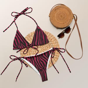 Pink Zebra Print Bikini, Animal Pattern Swimwear, Chic Bikini for Cat Lovers, Unique Summer Beachwear, Fun Black and White Design for Women