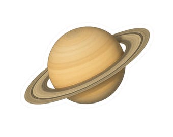 May include: A sticker of the planet Saturn, featuring a light brown sphere with darker brown bands and a series of rings. The rings are composed of multiple bands of varying shades of brown and tan. The sticker is cut around the planet's shape.