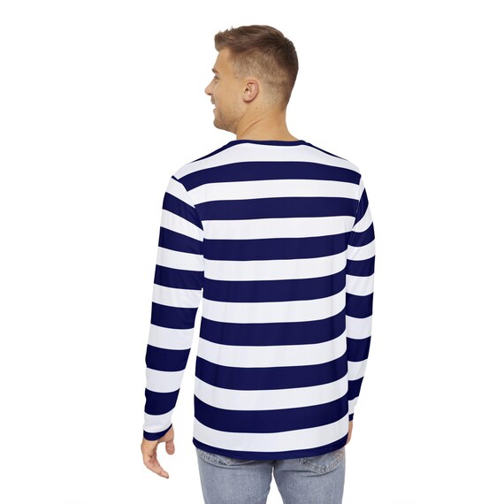 Navy and White Striped Long Sleeve Shirt, Navy Blue and White