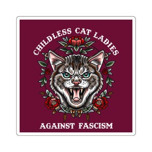 Sticker kinderloze kat dames tegen fascisme, kinderloze kattendame sticker, kinderloze kat dames sticker, grappige feministische kattendame sticker
