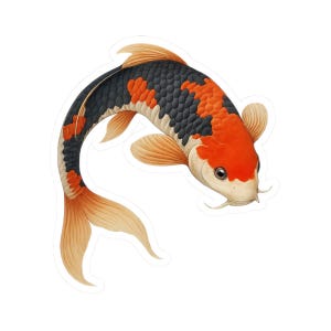 Puede incluir: Una pegatina con un pez koi con un patrón negro, naranja y blanco. El pez tiene aletas y cola naranjas, y una cara blanca con bigotes. El diseño es detallado y artístico, con un efecto de acuarela.
