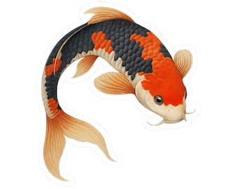 Puede incluir: Una pegatina con un pez koi con un patrón negro, naranja y blanco. El pez tiene aletas y cola naranjas, y una cara blanca con bigotes. El diseño es detallado y artístico, con un efecto de acuarela.