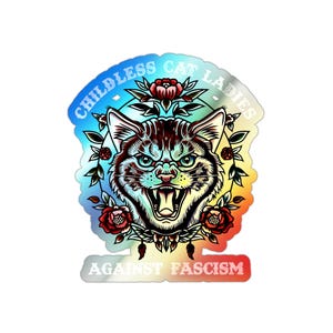Holographic Childless Cat Ladies Against Fascism Sticker, Childless Cat Lady Sticker, Childless Cat Ladies Sticker, Funny Feminist Sticker