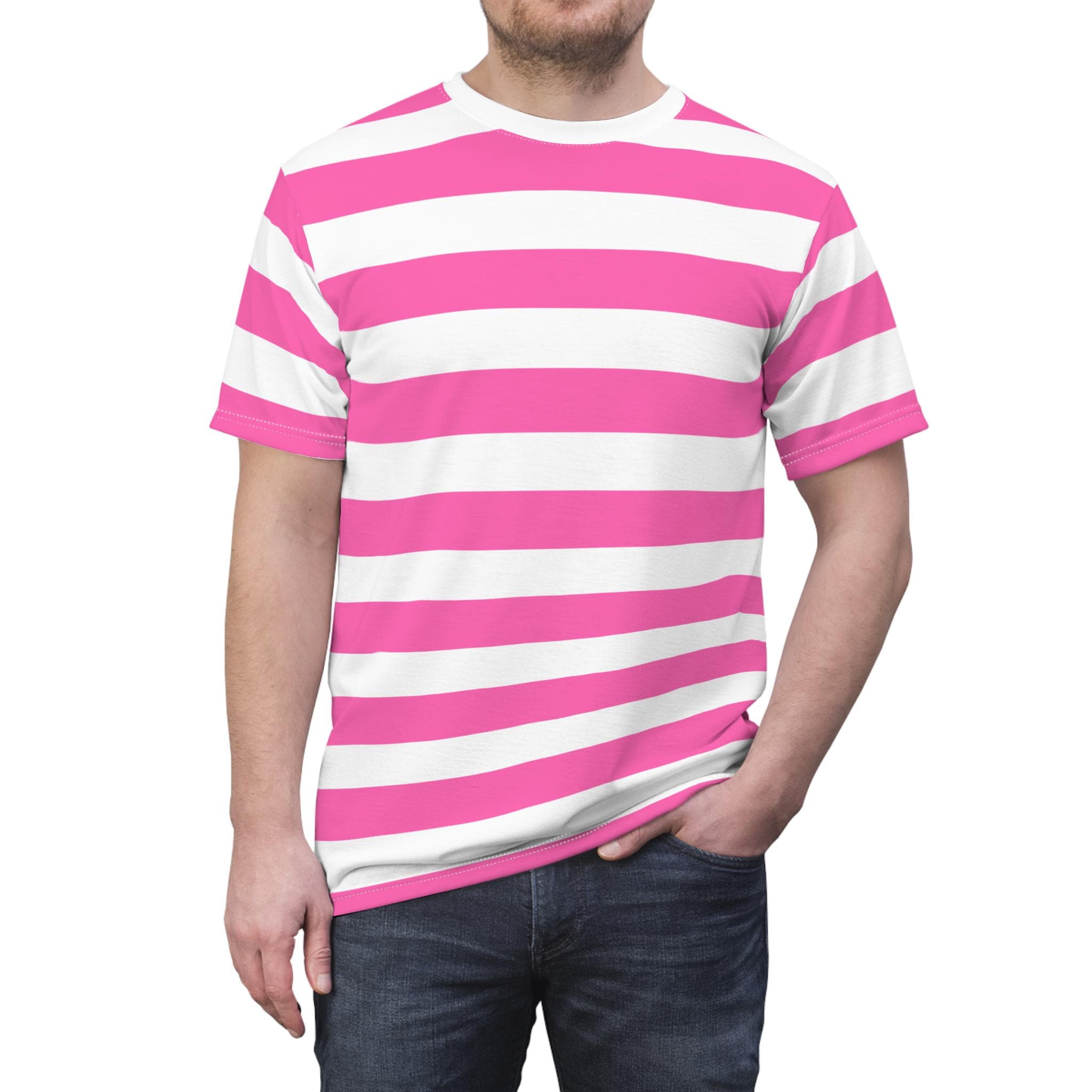 KAREN 7 ピンク ストライプ Tシャツ ホットピンクと白のストライプTシャツ、ホットピンクと白のストライプ