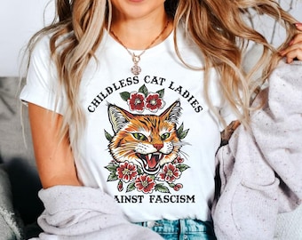 Camiseta de damas de gato sin niños contra el fascismo, camisa de dama de gato sin niños, camiseta de damas de gato sin niños, camisa feminista, camiseta Vote Demócrata 2024