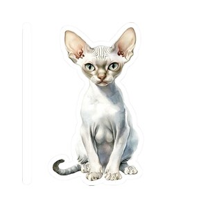 May include: A watercolor illustration of a Sphynx cat, depicted in a seated position. The cat has pale skin, large ears, and striking blue-green eyes. Its tail is curled, and the overall style is artistic and detailed.