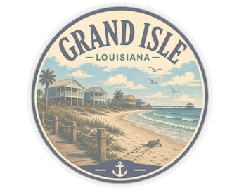 Grand Isle Sticker, Louisiana Beach Scene Stickers, Coastal Round Kiss-Cut Decal