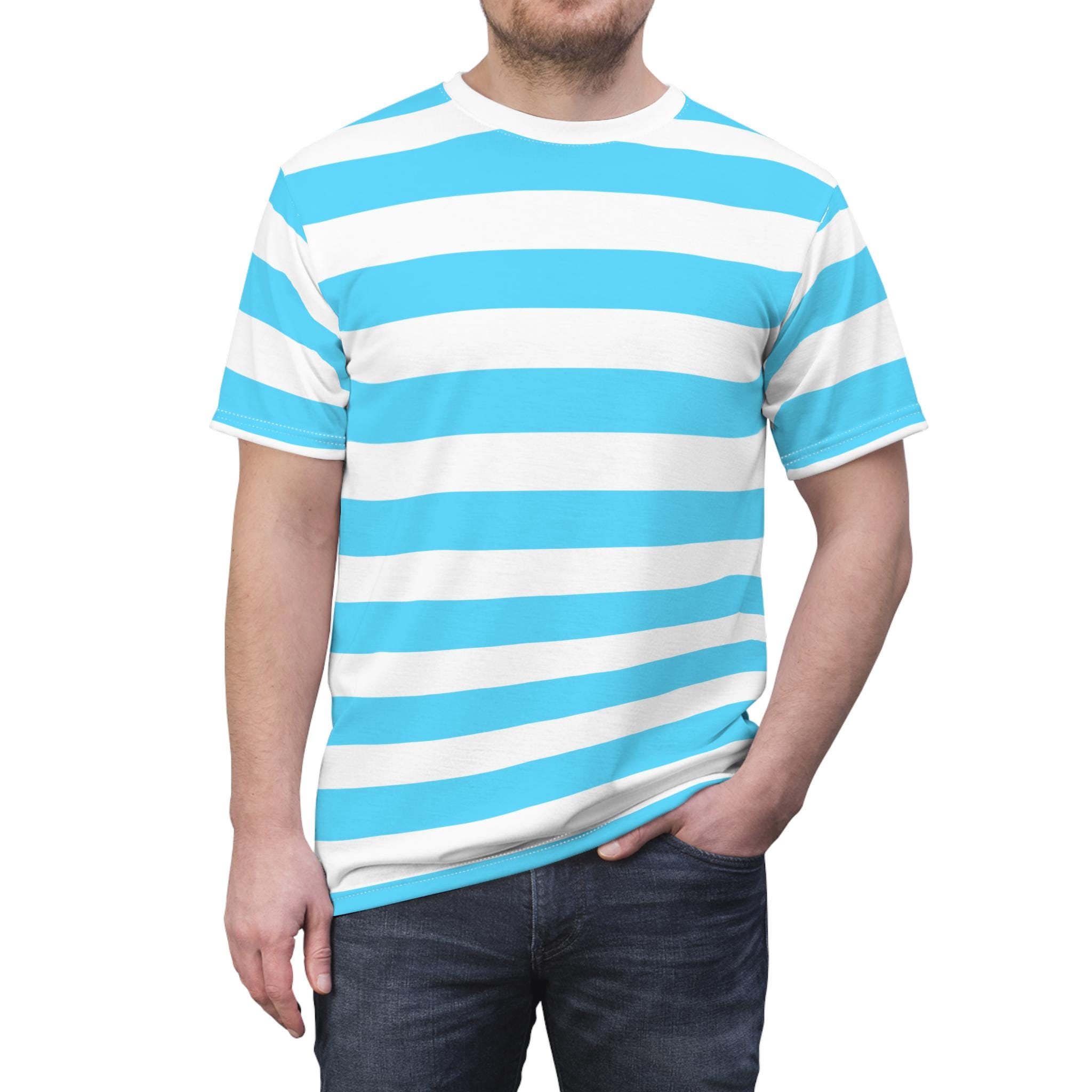 Cyan and White Striped T-shirt, Light Blue and White Stripe, Cyan