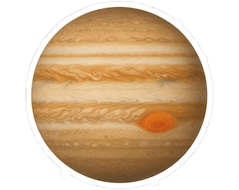Puede incluir: Una pegatina con una ilustración detallada del planeta Júpiter. El planeta se representa con sus bandas características de color marrón, beige y crema, y una prominente Gran Mancha Roja. La pegatina tiene un borde blanco.
