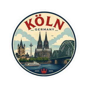 Puede incluir: Una pegatina redonda con una ilustración de estilo vintage de Colonia, Alemania. El diseño incluye el nombre de la ciudad en rojo, la palabra "Alemania" y monumentos emblemáticos como la Catedral de Colonia, un puente y un barco en el agua.