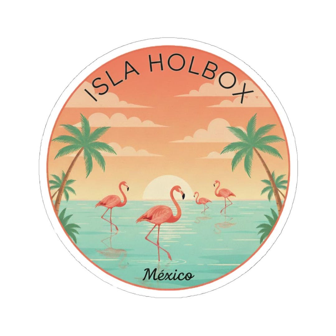 Isla Holbox Sticker, Round Tropical Mexico Beach Decal, Pink Flamingo ...