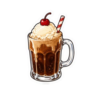 Op de afbeelding: Een glazen mok gevuld met een donkerbruine koolzuurhoudende drank, bekroond met een grote bol roomkleurig ijs, een felrode kers en een rood-wit gestreept rietje. De drank vertoont zichtbare bubbels en schuim dat langs de rand naar beneden loopt.