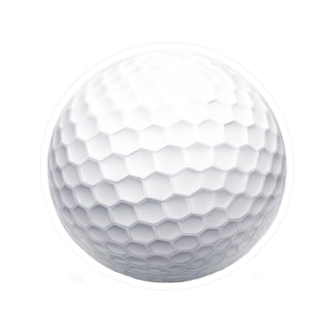 May include: A white golf ball with a dimpled surface. The ball is round and has a pattern of small, hexagonal shapes across its surface. The golf ball is isolated on a white background.