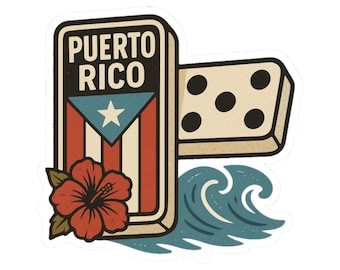May include: A sticker featuring a domino with the text "PUERTO RICO" and the Puerto Rican flag. A red hibiscus flower and blue waves are also included in the design. The domino shows the number five.