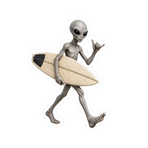 May include: A grey extraterrestrial figure with large black eyes walking while carrying a light-colored surfboard under one arm. The figure is making a shaka hand gesture with the other hand, featuring a textured skin appearance and a slim build.