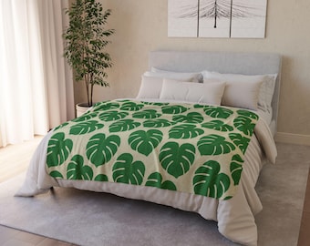 Monstera Leaf Sherpa Blanket, Tropical Print, Cozy Plant-Themed Throw Blanket for Home, Green Leaf Decor, Perfect for Gifts and Home Accents
