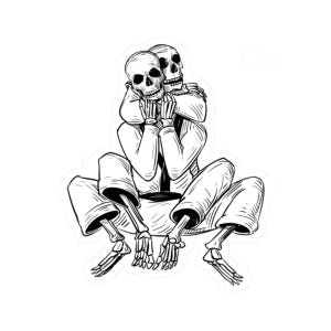 Puede incluir: Ilustración en blanco y negro de dos esqueletos abrazándose. Los esqueletos llevan ropa y tienen una expresión pensativa en sus rostros.