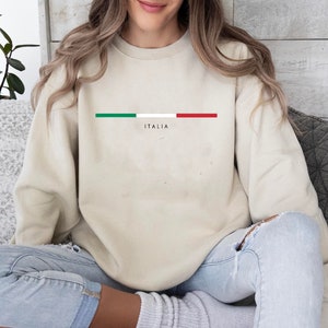 May include: A beige sweatshirt with a horizontal stripe of the Italian flag colors, green, white, and red, and the word "ITALIA" printed below the stripe.