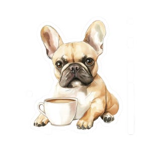 French Bulldog Coffee Sticker, Cute Frenchie Decal for Laptops, Dog Lover Gift, Pet-Themed Decor, Fun Coffee and Pup Sticker