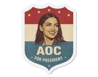 May include: A shield-shaped sticker featuring a portrait of a smiling woman. The design includes red, white, and blue stripes, stars, and the text "AOC FOR PRESIDENT" in a vintage style. The overall aesthetic is reminiscent of a patriotic emblem.