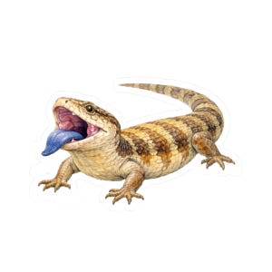 Peut inclure: Autocollant représentant un lézard scinque à langue bleue, la gueule ouverte et la langue sortie. Le lézard a un corps rayé beige et marron, avec des écailles et des griffes détaillées. Le fond est blanc.