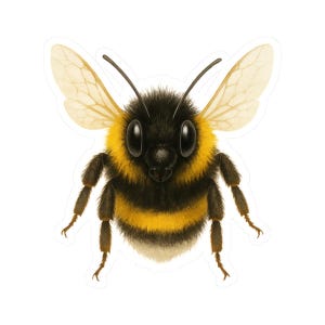 May include: A detailed illustration of a bumblebee with a fluffy black and yellow body, large eyes, and delicate wings. The bee is depicted in a frontal view, with its legs and antennae visible. The background is plain white.