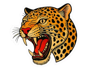 Leopard Sticker, Neo-Traditional Tattoo Leopard Decal, Boho Big Cat Sticker, Leopard Water Bottle Decal, Wild Cat Vinyl Sticker
