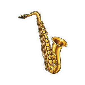 Peut inclure: Une illustration de saxophone de couleur dorée avec un bec noir, un col courbé et une série de clés circulaires le long du corps. L'instrument présente un pavillon large et évasé à la base ainsi qu'une tuyauterie métallique détaillée.