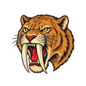 May include: A sticker featuring a stylised illustration of a snarling sabre-toothed tiger head. The cat has orange fur with dark brown stripes, yellow eyes, and a wide-open mouth showing a bright red tongue and two long, prominent white fangs.