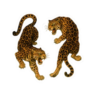 Puede incluir: Dos pegatinas con ilustraciones de leopardos. Los leopardos están ilustrados en un estilo vintage, con manchas detalladas y ojos verdes. Uno está agachado, el otro de pie, ambos con la boca abierta, sobre un fondo blanco.