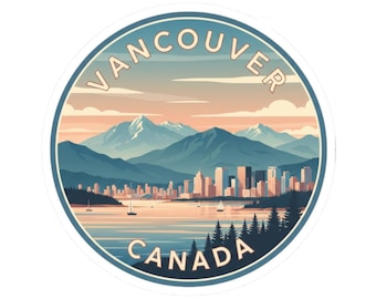 May include: Circular sticker with a scenic illustration of Vancouver, Canada. The design includes a cityscape, mountains, water, and sailboats, with the words "Vancouver" and "Canada" in a circular border.