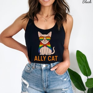 Ally Cat Pride Tank Top, LGBTQ+ Pride Shirt, Summer Workout Top, Cat Lover Gift, Inclusive Fitness Wear