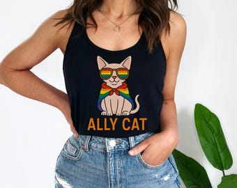 Ally Cat Pride Tank Top, LGBTQ+ Pride Shirt, Summer Workout Top, Cat Lover Gift, Inclusive Fitness Wear