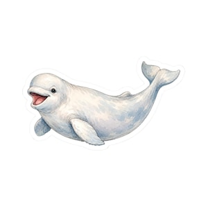 May include: A watercolour illustration of a white beluga whale with a smooth, rounded head and a curved body. The whale is depicted in a swimming position with its mouth slightly open, showing a pink interior, and its tail flukes extended.