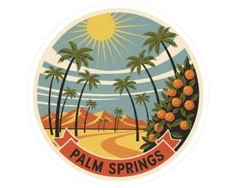 Adesivo de Palm Springs, Recorte Redondo com Paisagem Desértica Retrô, Decalque Vintage de Palmeiras, Arte em Vinil para Lembrança de Viagem à Califórnia de Meados do Século XX