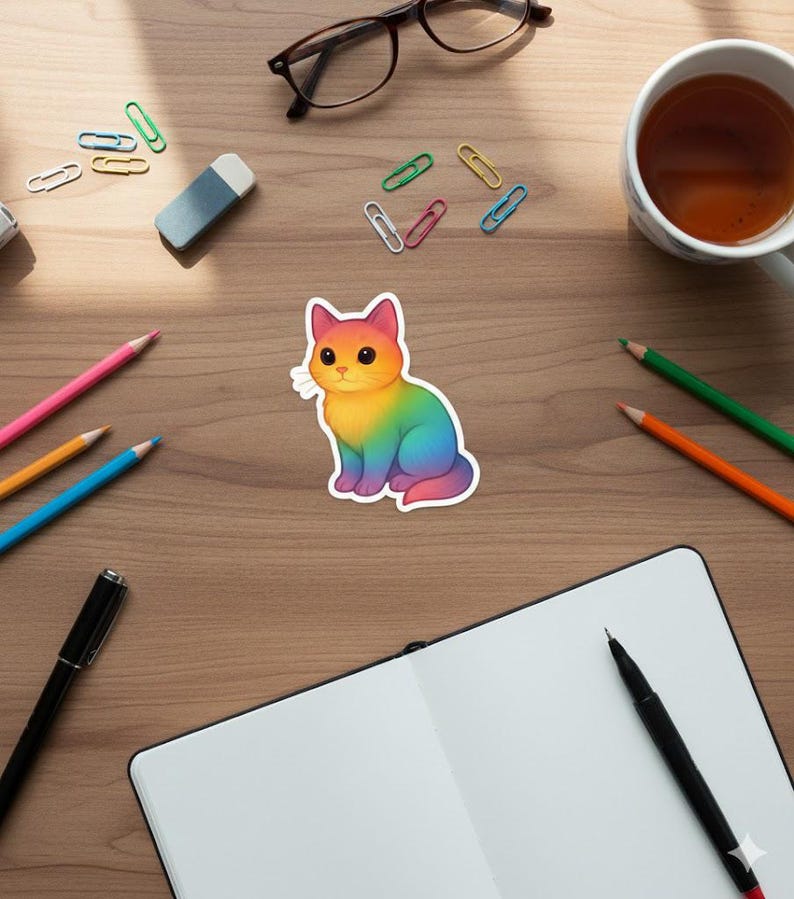 Rainbow Cat Sticker, Cute Cat Stickers, Laptop Stickers, Colorful ...