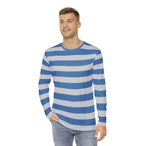 Blue and Grey Striped Long Sleeve Shirt, Blue and Grey Stripe Shirt, Striped Long Sleeve Tee, Colorful, Soft Vibrant Gift