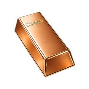 May include: A copper bar with the word "COPPER" embossed on the top. The bar has a shiny, metallic finish and a rectangular shape. The image is set against a white background.