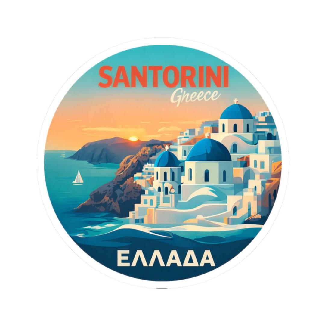 Santorini Greece Sticker, Blue Dome Island Decal, Aegean Travel ...