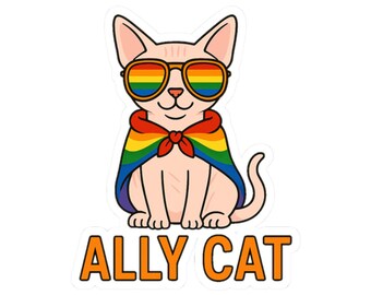 Adesivo per gatti "Proud Ally", adesivo in vinile LGBTQ+, regalo divertente per gli amanti dei gatti, adesivo colorato per laptop con orgoglio, decorazione inclusiva per persone queer.