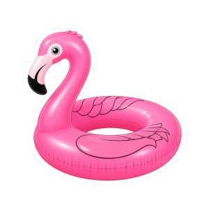 May include: A bright pink inflatable pool float shaped like a flamingo. The float features a long, curved neck, a head with a white face, a black beak, and a circular ring body with black line details representing feathers on the sides and wings.