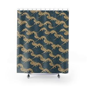 Tenda da doccia con onda oceanica, decorazione nautica giapponese, arte da bagno costiera, stile casa sulla spiaggia, regalo per gli amanti dell&#39;oceano, complemento d&#39;arredo per la casa.