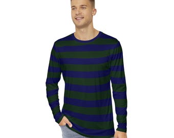 Marineblauw en donkergroen gestreept shirt met lange mouwen, marineblauw en groen gestreept shirt, gestreept T-shirt met lange mouwen, kleurrijk T-shirt, zacht levendig cadeau