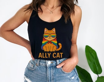 Ally Cat Racerback Tank, Pride Cat Shirt, Womens LGBTQ Apparel, Summer Top, Funny Cat Lover Gift, Rainbow Ally Tank, Happy Pride Tee