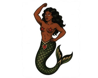 Vintage Mermaid Sticker, Black Mermaid, Neo-Traditional Tattoo Decal, Fun Decor for Laptops, Water Bottles, Journals, Gifts, Party Favors