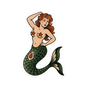 May include: A vintage-style mermaid sticker. The mermaid has red hair, star-shaped pasties, and a green scaled tail with a dark green and cream-coloured fin. The mermaid is in a classic pose with one hand on her hip and the other in her hair.