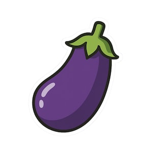 May include: A cartoon sticker of an aubergine. The aubergine is a deep purple colour with a glossy highlight. The stem is green, and the outline is black.