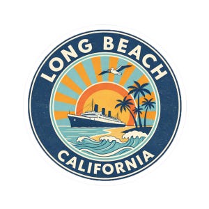 May include: Circular sticker with a retro design of Long Beach, California. The image shows a cruise ship, palm trees, a seagull, and a sunset with orange and yellow rays. The text "LONG BEACH CALIFORNIA" is in a circular border.