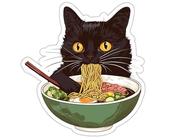 Ramen Cat Sticker, Black Cat Sticker, Kawaii Sticker, Japanese Inspired Sticker, Cute Waterbottle Sticker, Laptop Sticker, Kitty Sticker