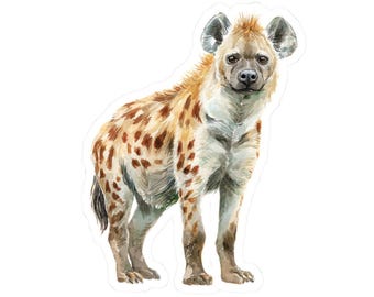 May include: A watercolor sticker of a hyena. The hyena is depicted standing, with a light brown and white coat, and dark brown spots. The hyena has a light brown face, dark eyes, and large ears. The sticker is cut around the hyena's outline.